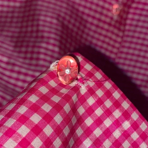 Pink Gingham Shirt 100% Silk with Jelly Bean Laser Etched Flower buttons - Picture 3 of 6